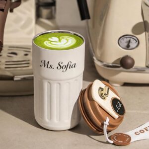 UNIXO Customized Name Coffee Mug with Temperature Display Lid | Personalized Insulated Travel Mug with Strap | Leakproof Thermal Cup for Office & Gifting (White)