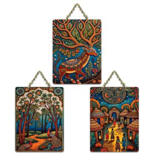 Artvibes Traditional Indian Nature Artwork Decorative MDF Wooden Wall Art for Home | Printed Wall Decoration | Graphic Artwork | Aesthetic Wooden Decor | Sceneries | Ideal Gifts (WH_96103N), Set of 3