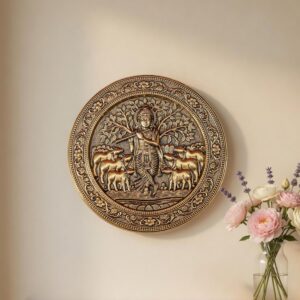 BEHOMA Krishna Govardhan Hanging Wall Plate with Wooden Stand, 9.8 Inch | Antique Aluminium Govardhan Krishna Sculpture for Vastu, Home Temple, Office & Living Room Décor | Religious Gift